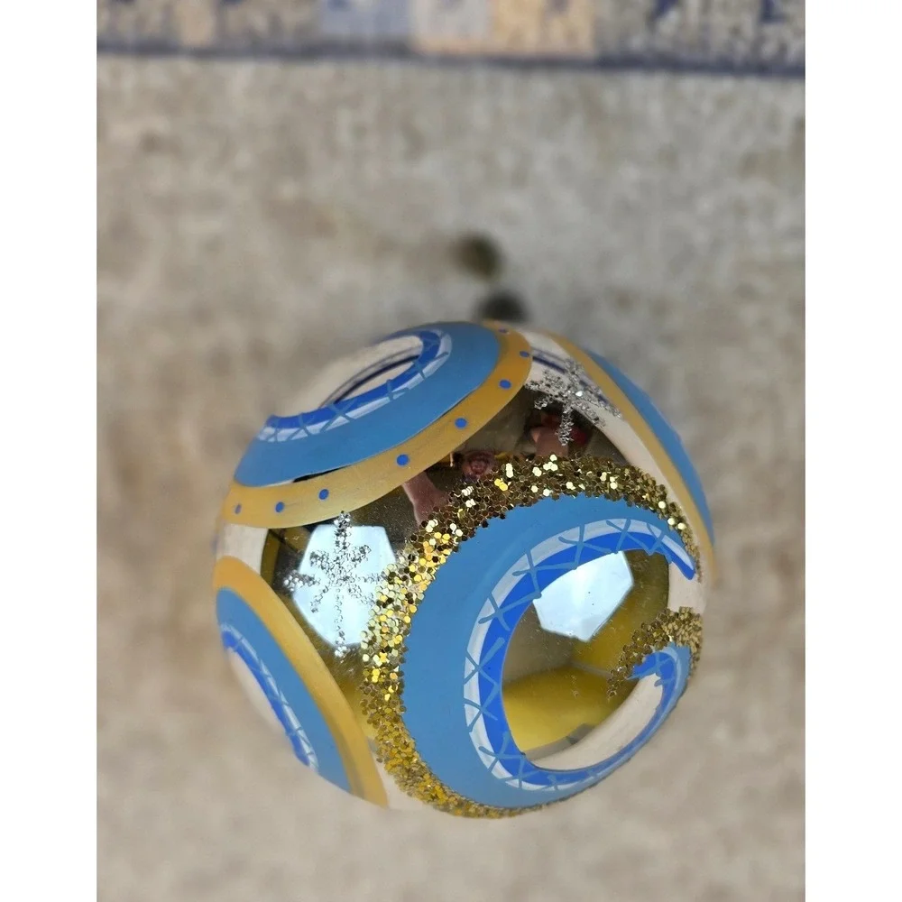 Vintage Round Made‎ in Italy Glass Swirl Glitter Christmas Ornament Blue & Gold